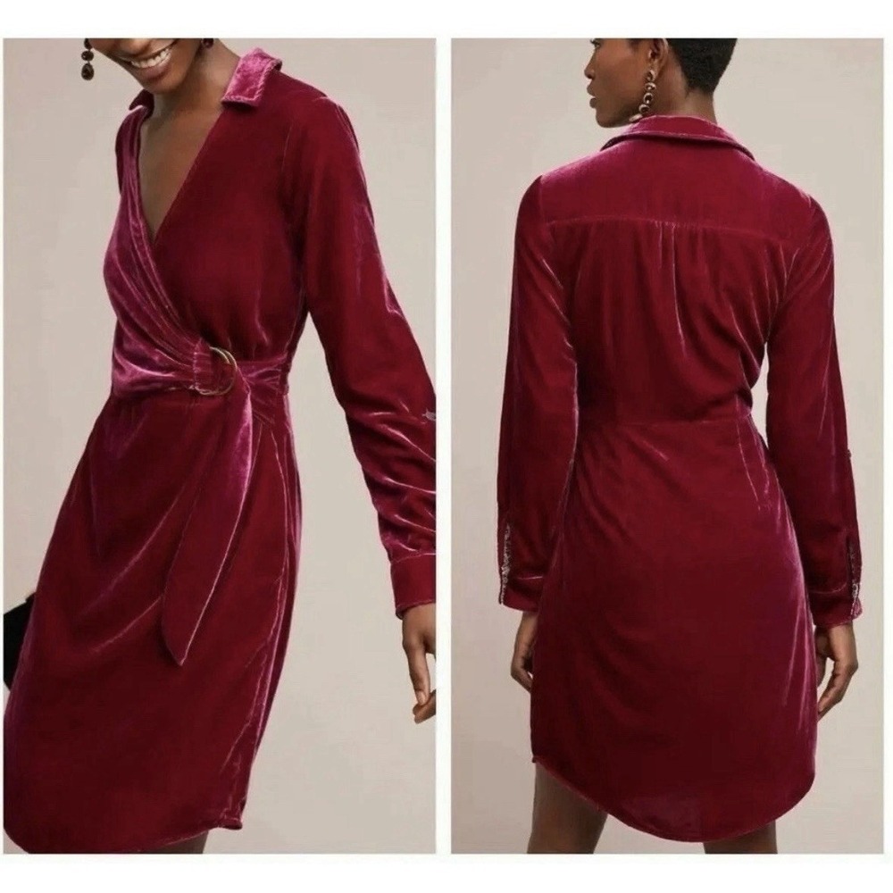 Anthropologie Maeve Raspberry Velvet Wrap Dress V-Neck Pockets Contrast Boho Sz6